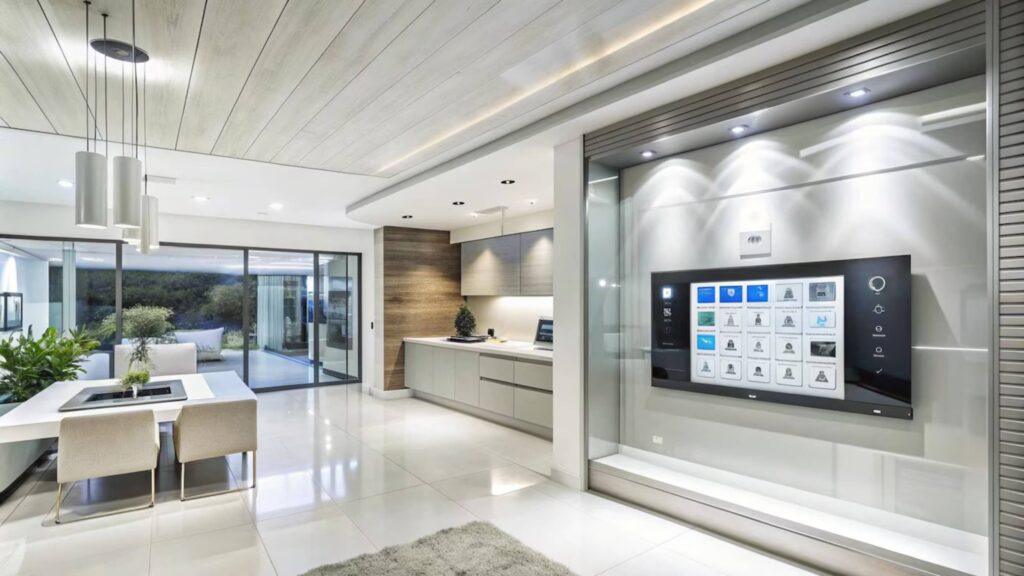 Modern kitchen with sleek cabinets, dining area, and an advanced home control panel on the wall.