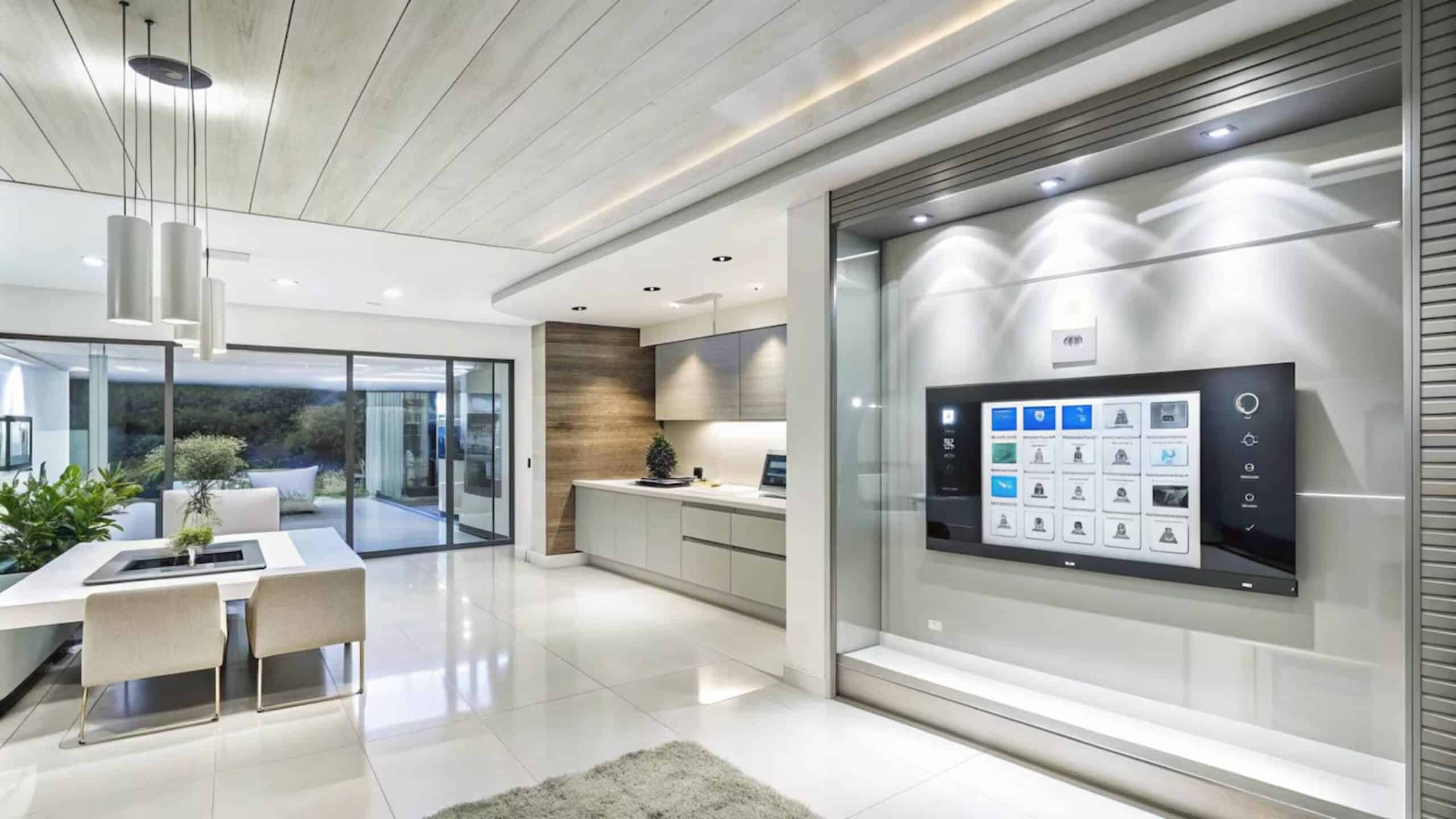 Modern kitchen with sleek cabinets, dining area, and an advanced home control panel on the wall.