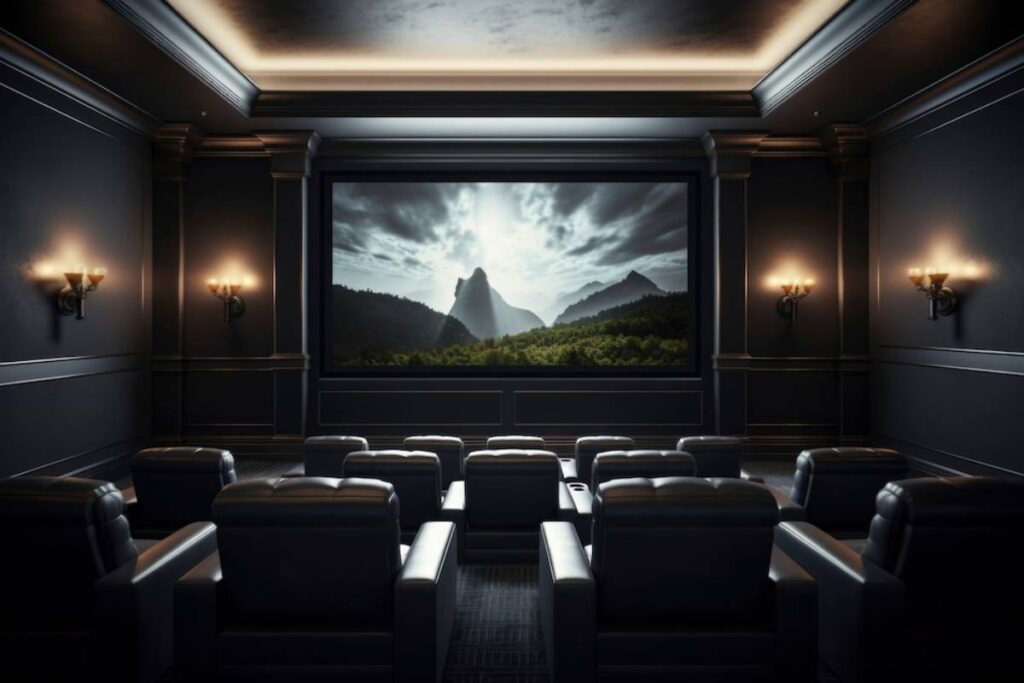 Home theatre room with black leather seats and a large screen showing a scenic mountain landscape.