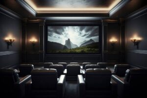 Home theatre room with black leather seats and a large screen showing a scenic mountain landscape.