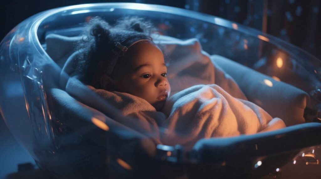 A baby in a futuristic transparent crib lit by soft blue light.