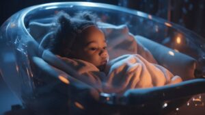 A baby in a futuristic transparent crib lit by soft blue light.
