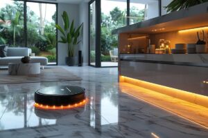 A robotic vacuum cleaner operates on the marble floor of a modern kitchen with sleek furnishings and large windows.