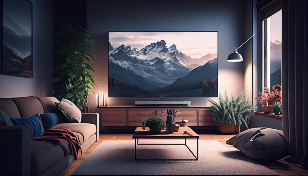 Cosy living room at twilight with a large TV screen displaying a mountain landscape, modern furniture, and indoor plants.