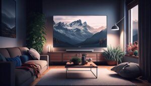 Cosy living room at twilight with a large TV screen displaying a mountain landscape, modern furniture, and indoor plants.