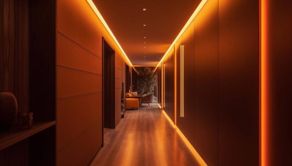 A modern hallway illuminated by warm orange LED lights, showcasing a stylish interior design with ambient lighting.