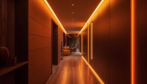 A modern hallway illuminated by warm orange LED lights, showcasing a stylish interior design with ambient lighting.