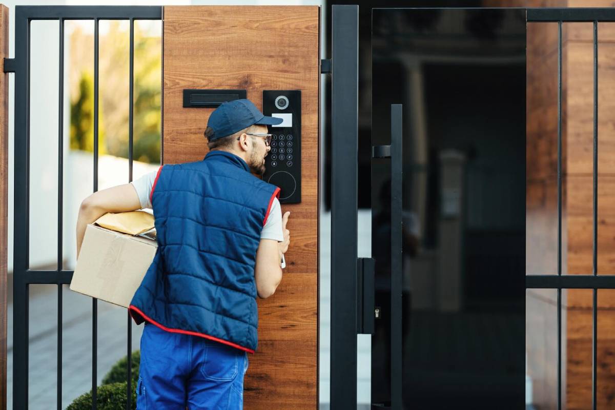 Delivery man in a blue uniform entering a code on a digital keypad by a modern door, holding a parcel.
