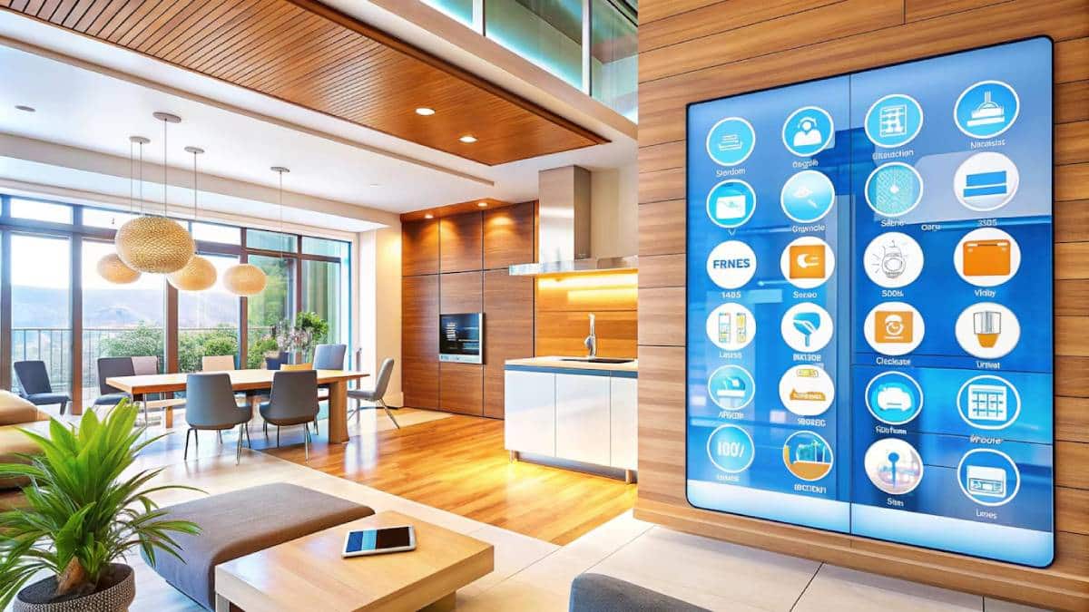 Modern home interior featuring a large smart home control screen panel, wooden accents, and floor-to-ceiling windows overlooking mountains.