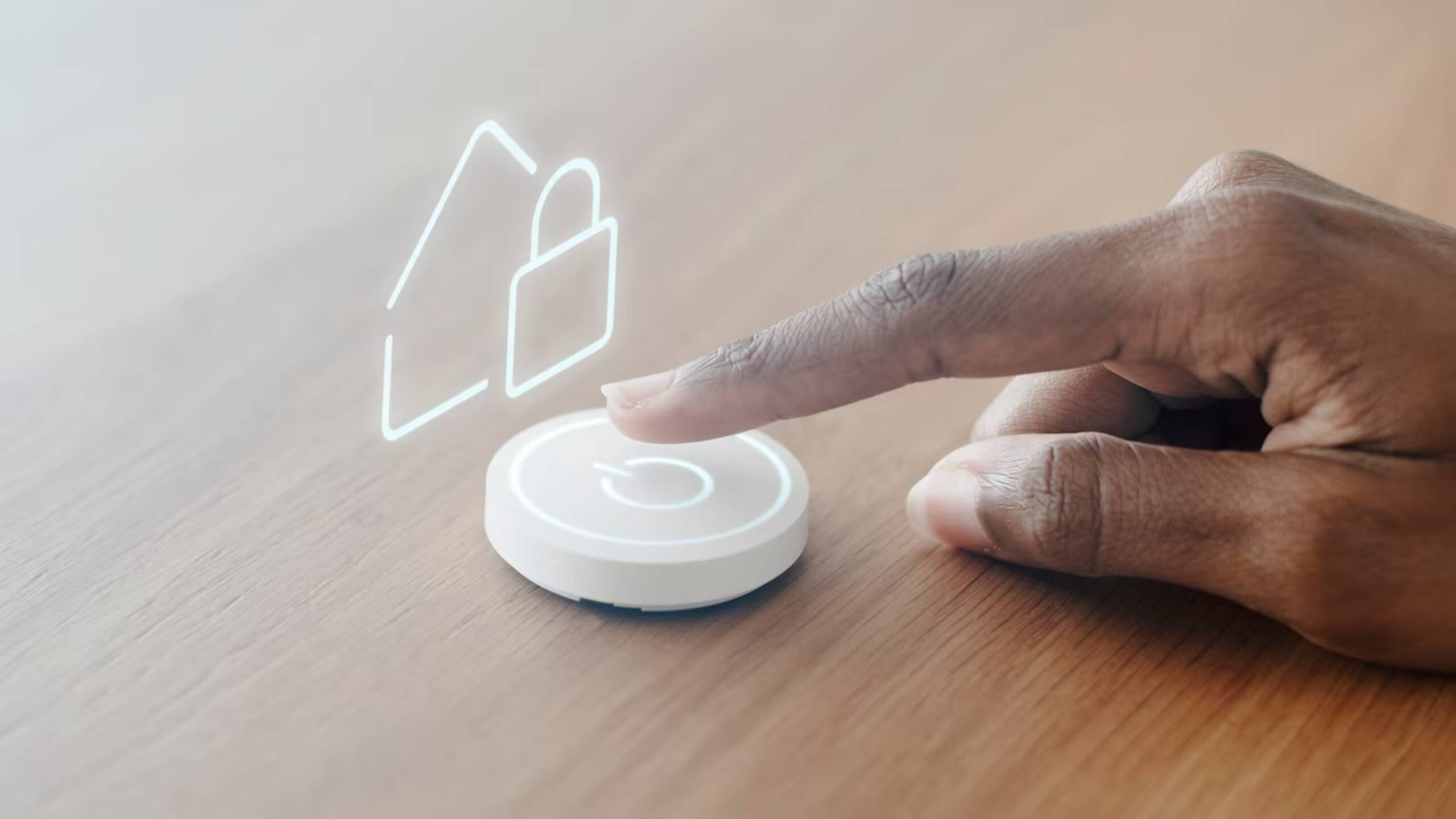 A hand pressing a digital interface button with holographic icons of a safe  house. 