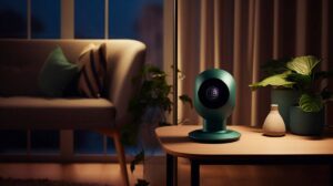 A modern green webcam on a wooden table next to houseplants in a cozy room with soft lighting.