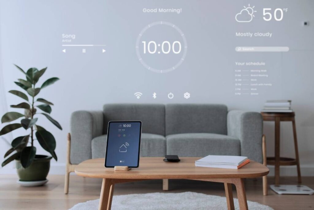 Modern living room with a digital display projecting time and weather information on the wall, furnished with a sofa and a wooden table.