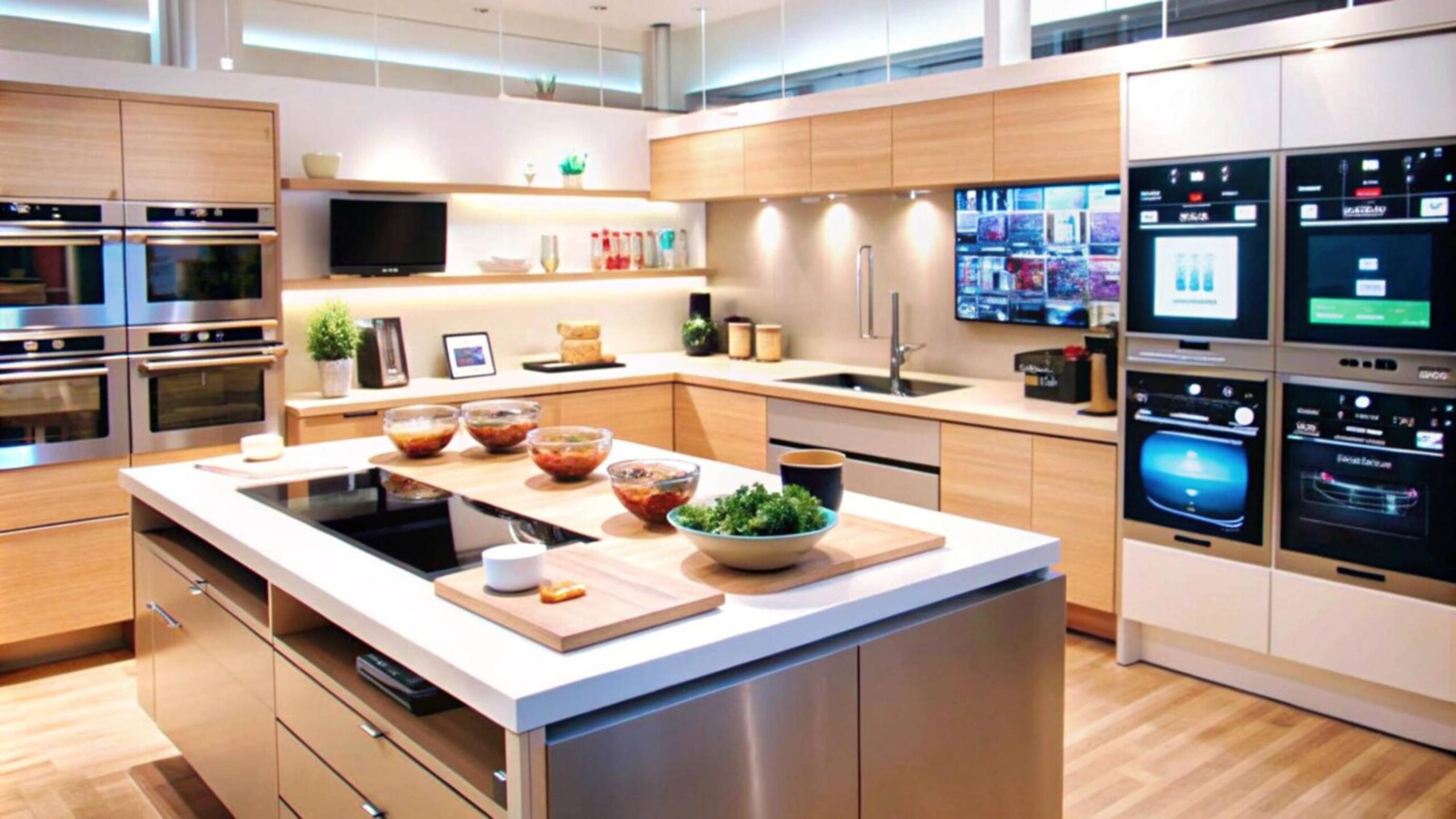 Modern kitchen with wood cabinetry, central island, smart appliances, and bowls of food on the countertop. 