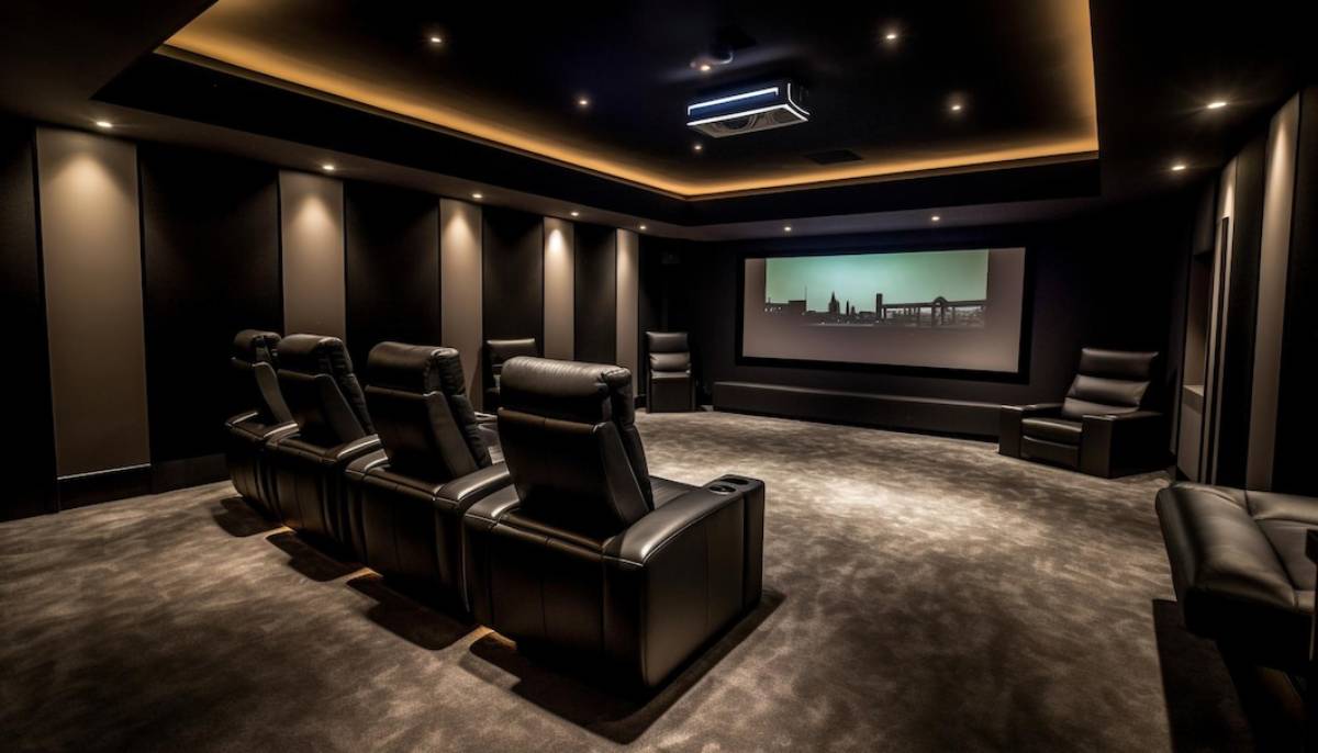  Luxurious home cinema room with black leather reclining chairs, dark walls, and soft lighting, showcasing a large screen displaying a cityscape.