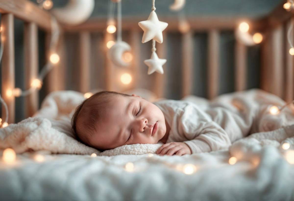 Baby sleeping peacefully in a cosy, light-adorned crib with hanging star decorations.