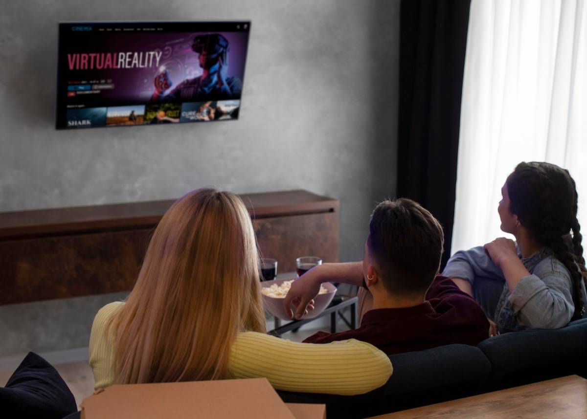  Three friends watching a virtual reality program on a wall-mounted TV in a cosy living room.