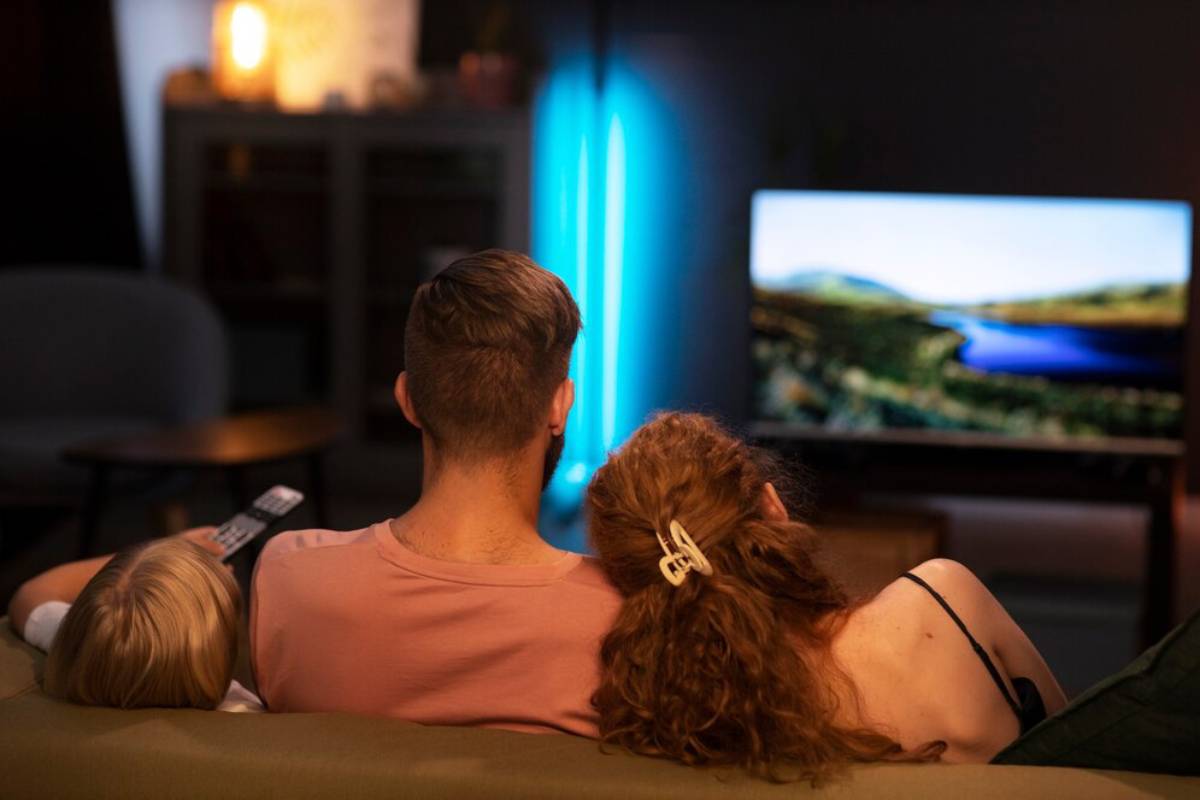  Family watching TV together at home, a cozy evening scene with soft lighting.