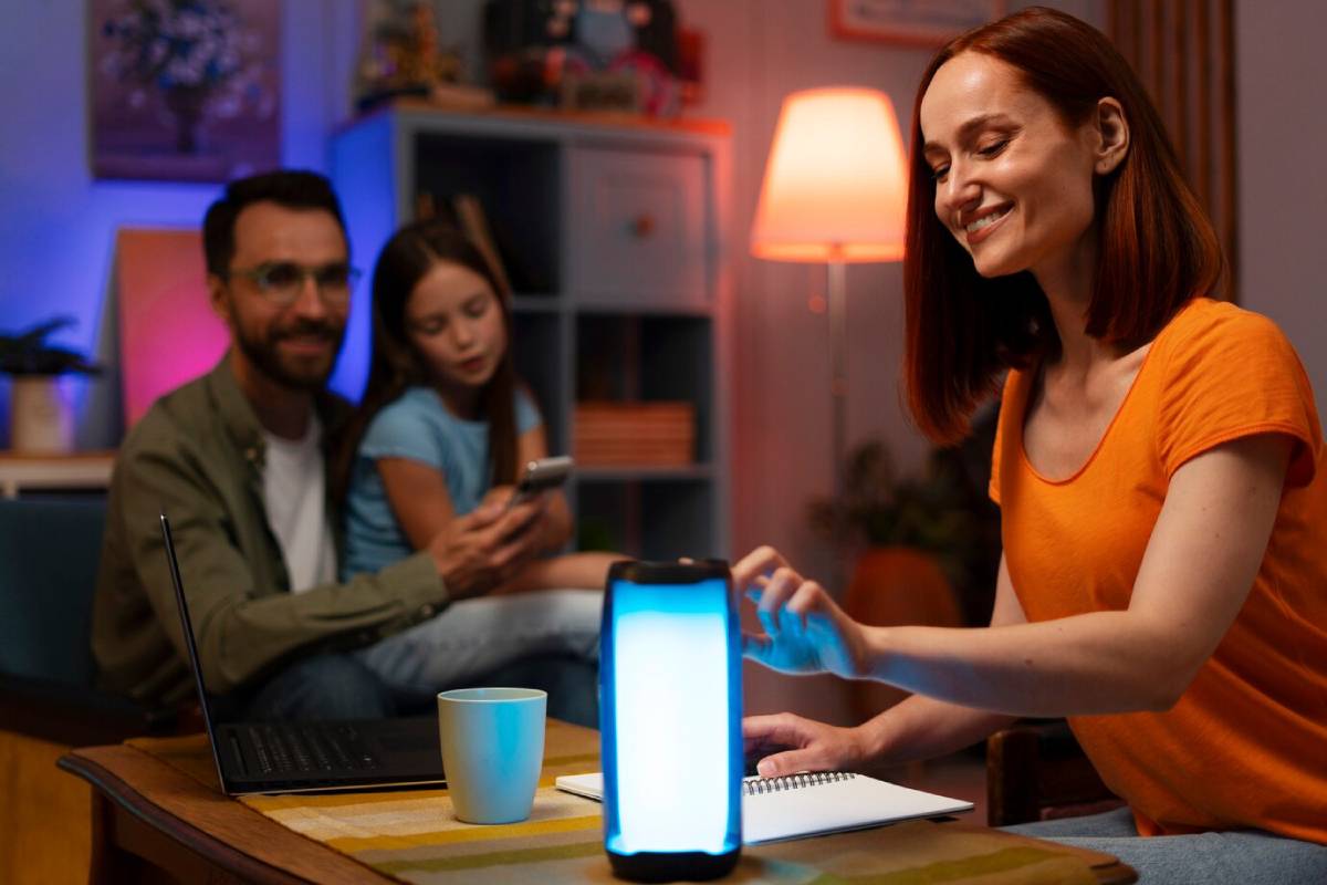  A family in a living room; woman using smartphone, man and child with laptop, glowing smart speaker on table.