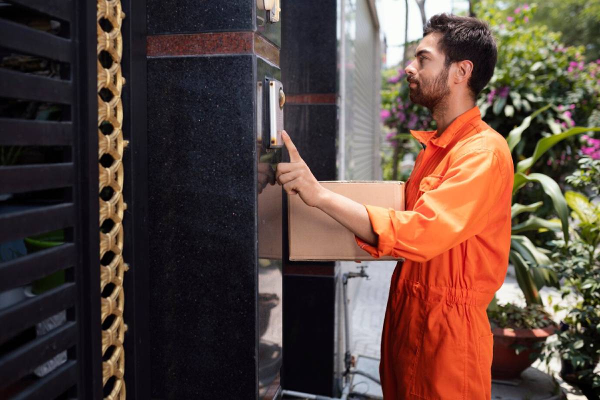 A delivery man in an orange uniform rings a doorbell while holding a package. 