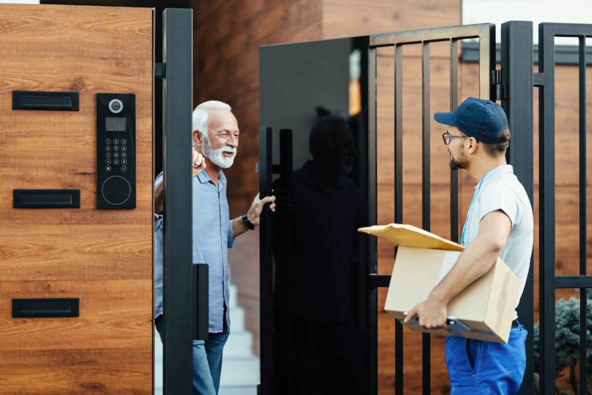 Elderly man greeting delivery man at modern, gated entrance, exchanging parcel.