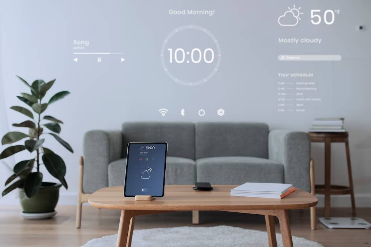 Modern living room with a smartphone on a coffee table displaying smart home controls, against a backdrop of projected digital information. 
