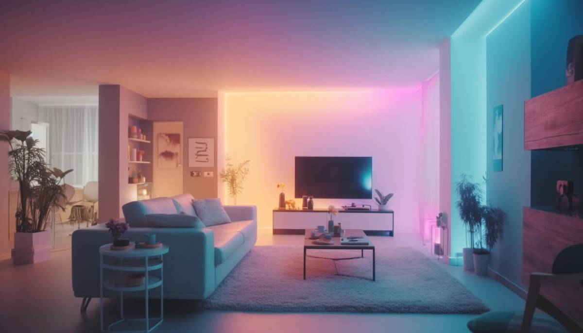 Modern living room with neon lighting, featuring stylish furniture and a large TV, illuminated in blue and pink tones. 