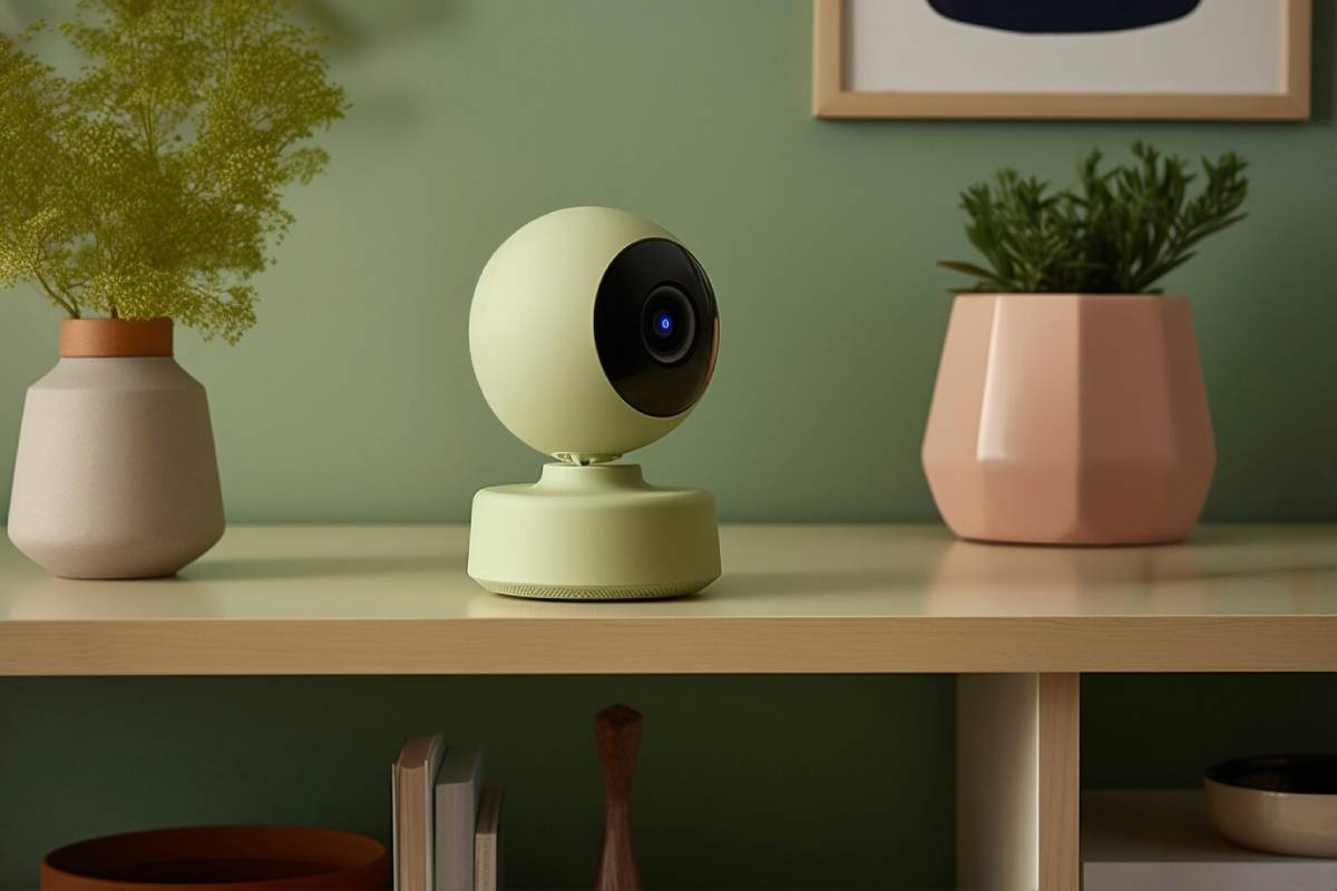 A modern security camera on a shelf, surrounded by potted plants and minimalist decor. 