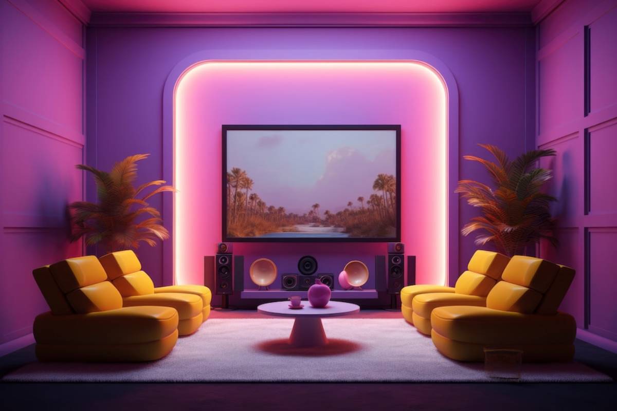  Modern living room with neon purple lighting, two yellow armchairs, and a large screen displaying a scenic nature image.
