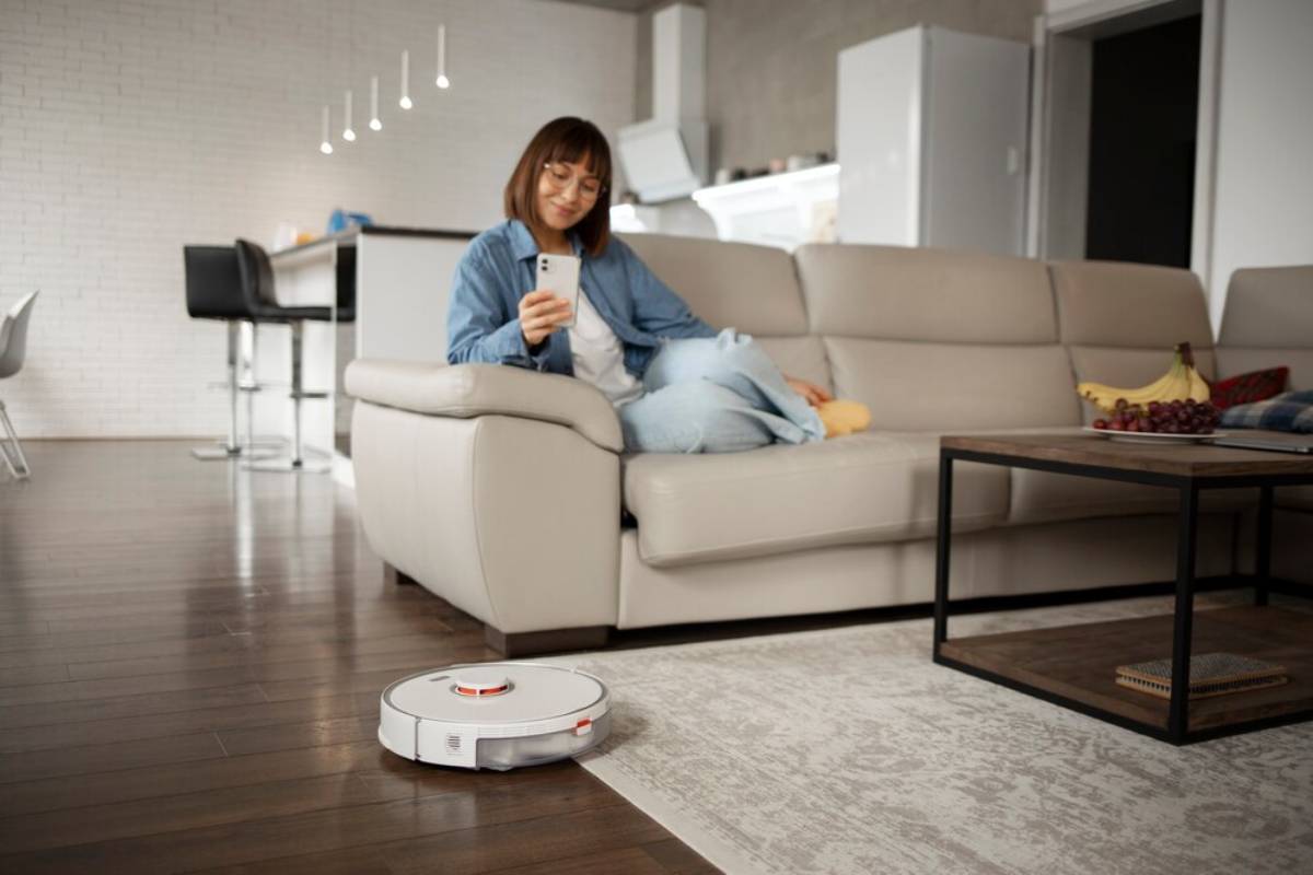 Woman relaxing on a couch using her smartphone while a robotic vacuum cleaner operates on the floor in a modern living room. 