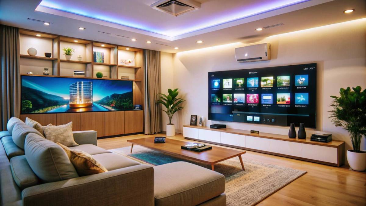 Modern living room with large screen TV, ambient lighting, and minimalist furniture. 