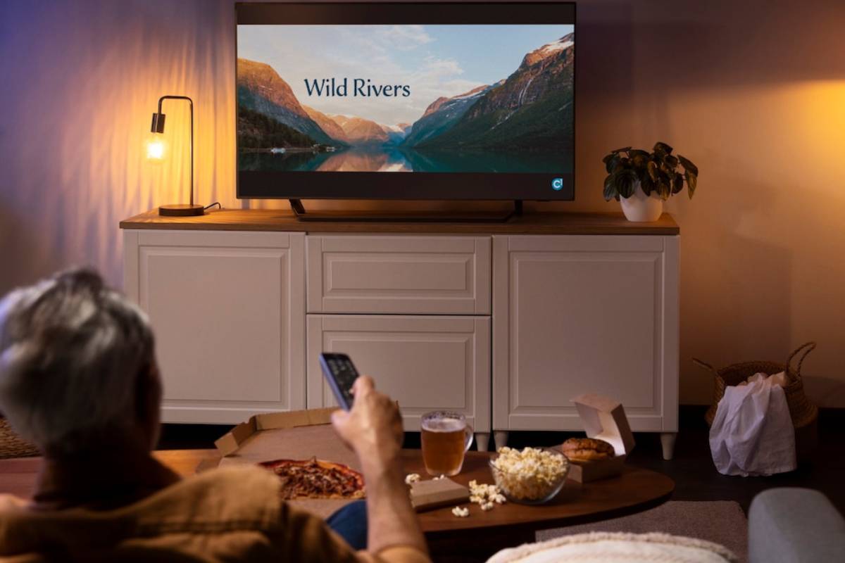  Person relaxing on a sofa, watching a nature documentary on TV, with pizza, beer, and popcorn nearby.