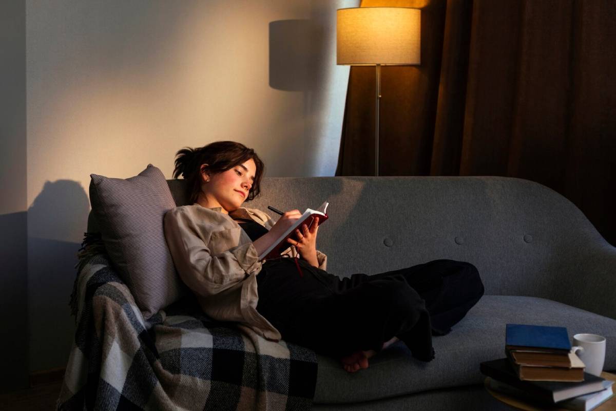 Woman reading a book on a sofa, covered with a checkered blanket, warm light from lamp nearby.