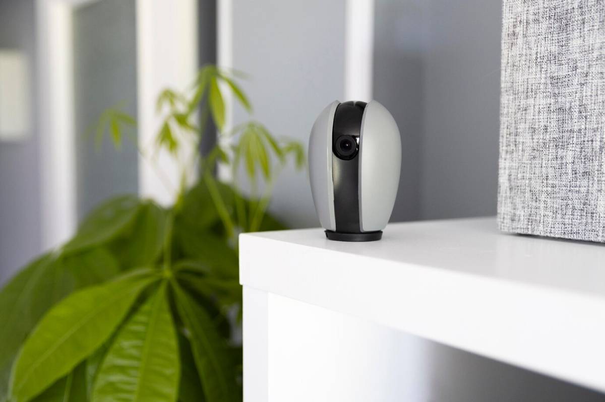 Modern security camera on a white shelf indoors with houseplants and a grey curtain in the background. 