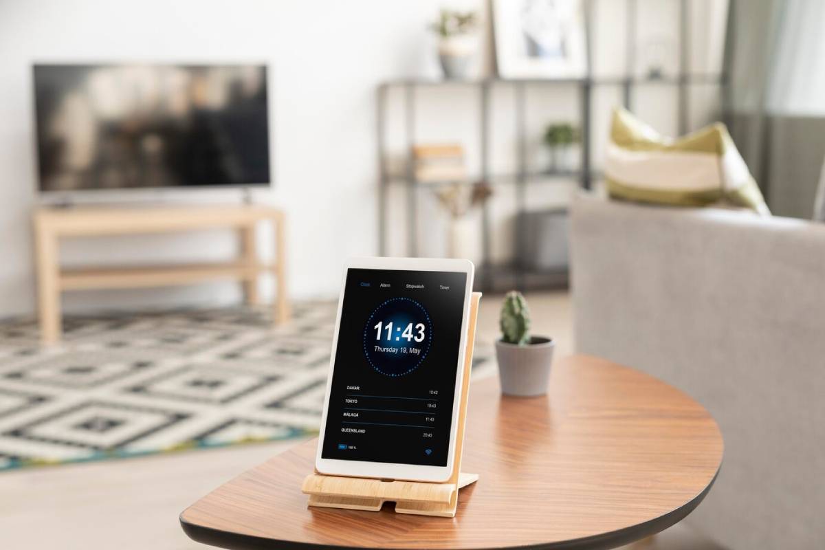 Digital tablet displaying time and date on a stand in a modern living room with TV and sofa in the background.