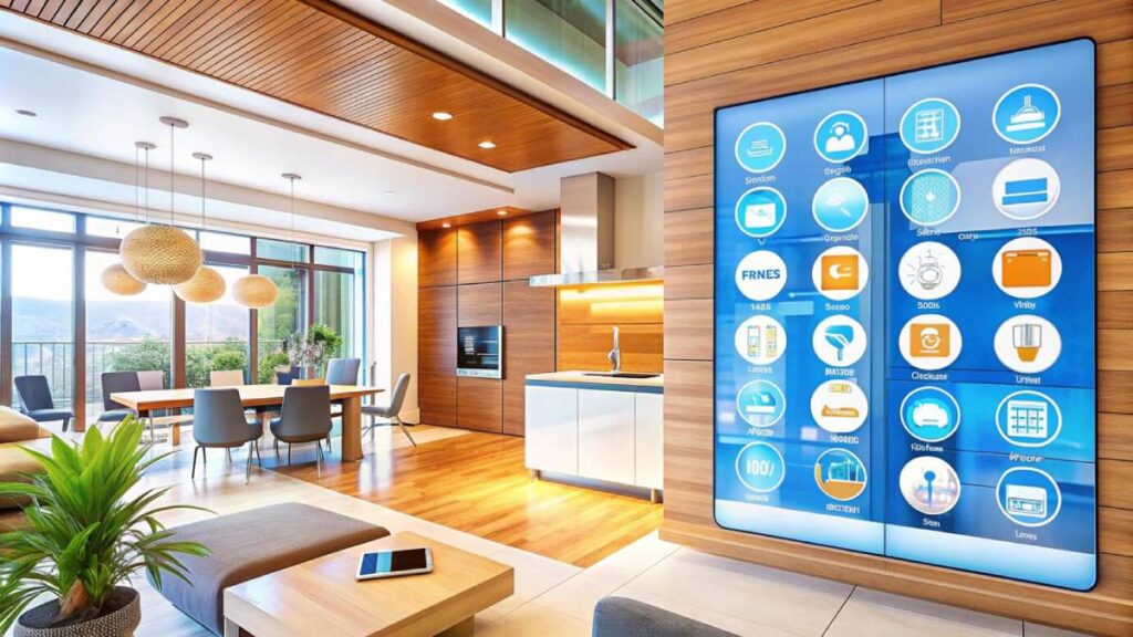 Modern home interior with smart home control panel, wooden elements, and dining area under natural light.