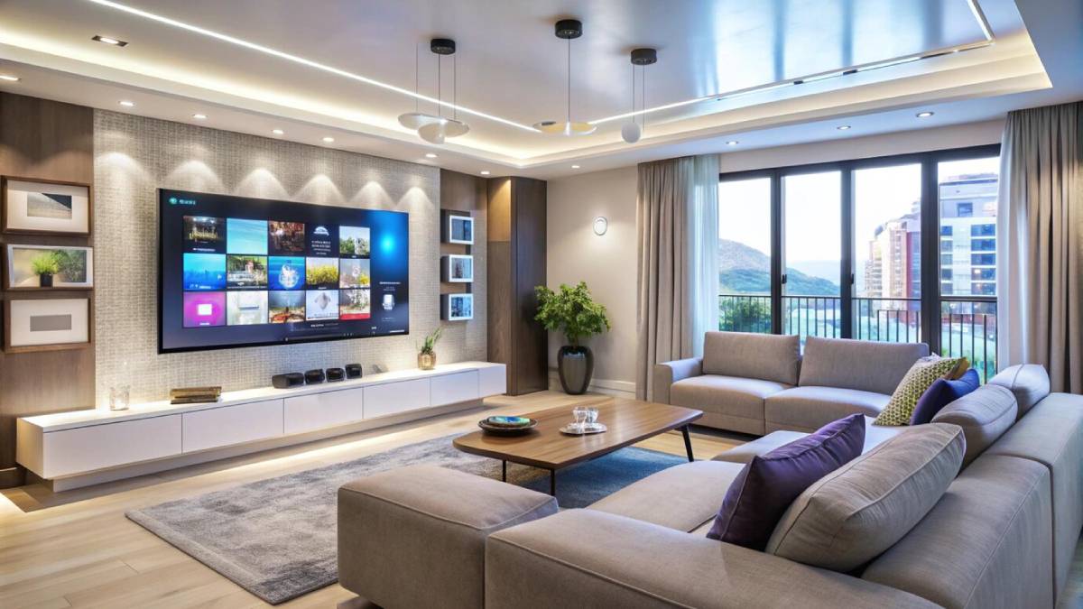  Modern living room with large TV screen, sectional sofa, and floor-to-ceiling windows showing cityscape.