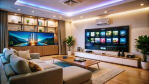 Modern living room with large screen TVs, ambient lighting, and stylish furniture.