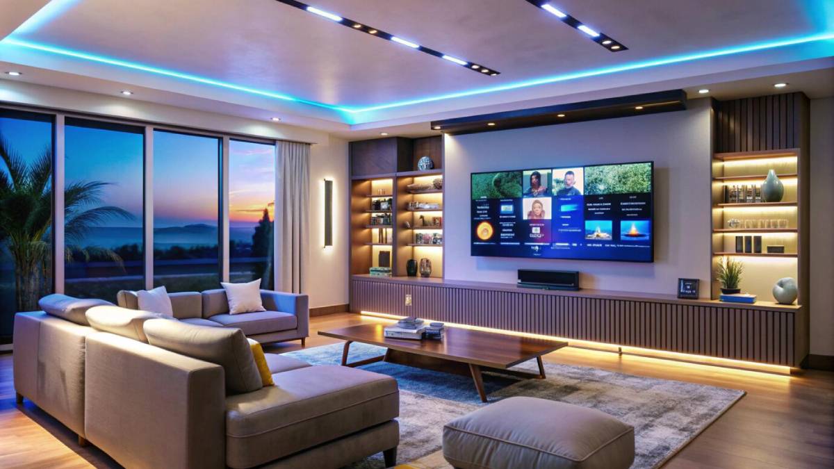  Modern living room with large TV and stylish decor, overlooking a sunset view through large windows.