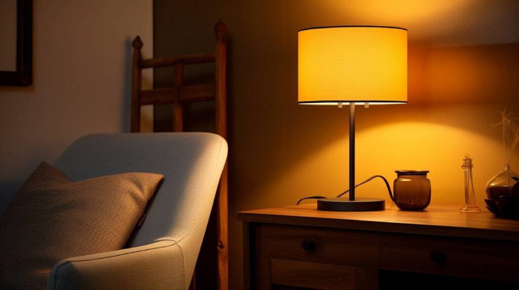 A cosy room with a lit table lamp casting a warm glow, alongside a comfortable armchair and wooden furniture.