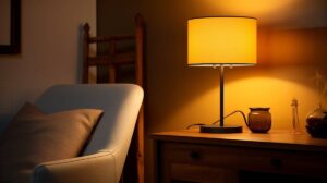 A cosy room with a lit table lamp casting a warm glow, alongside a comfortable armchair and wooden furniture.