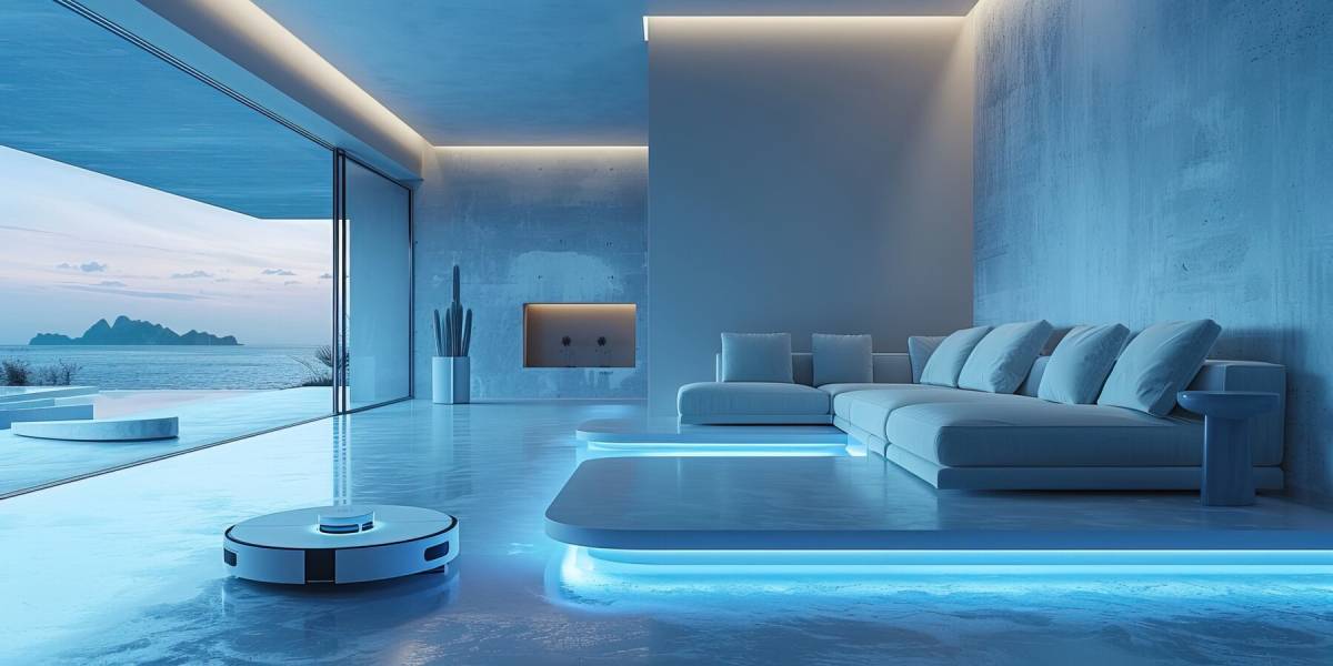 Modern living room with sleek furniture and blue ambient lighting, overlooking an ocean through a large glass window.